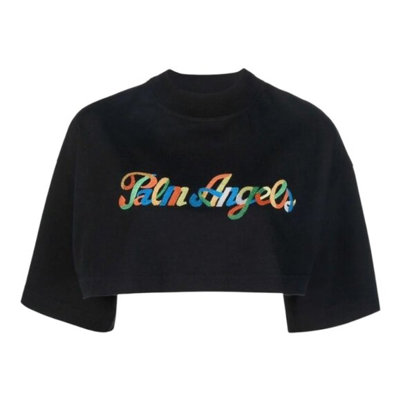 Palm Angels Embroidered Rainbow Logo Cropped Tee in Black Luxury Women's Large - Picture 3 of 11